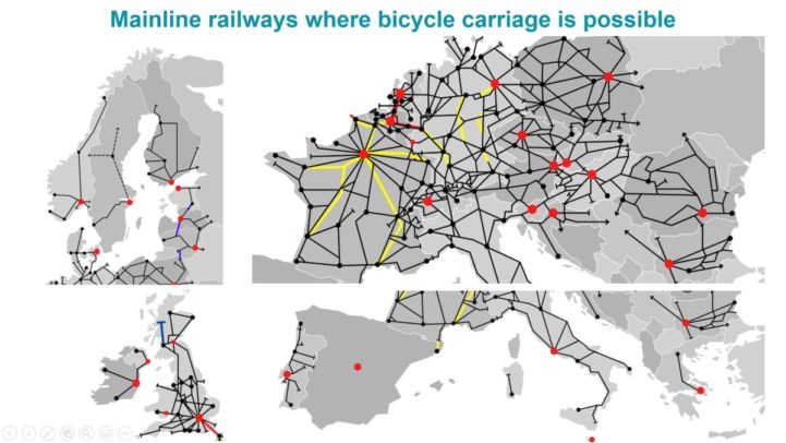 Cyclists love trains - Europe map