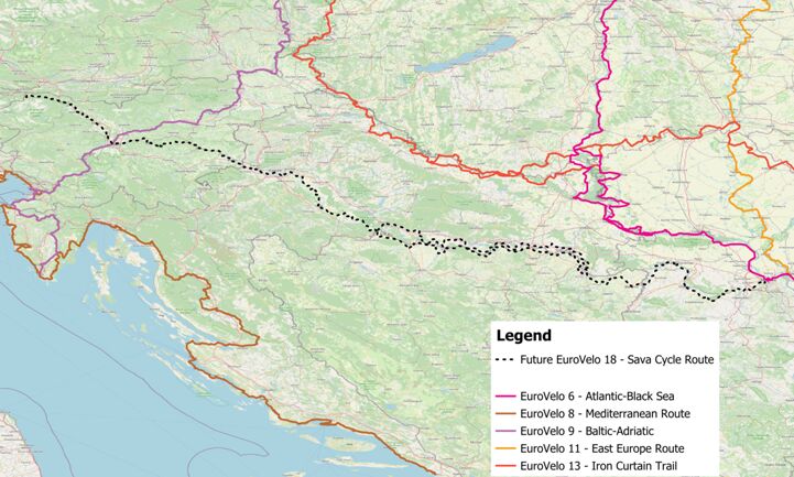 Map of future EuroVelo 18 - Sava Cycle Route