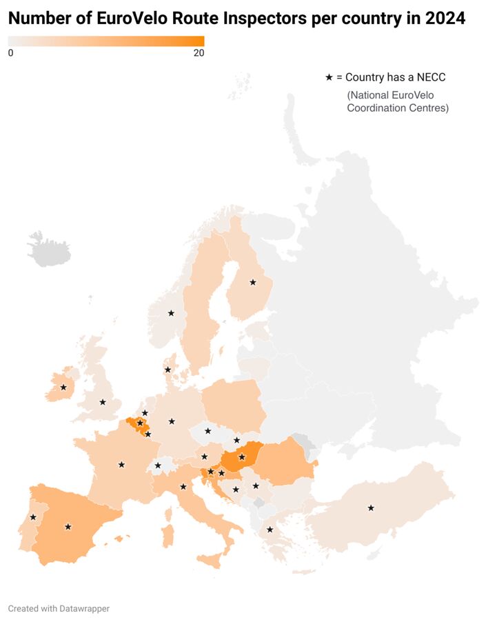 Map showing the number of EuroVelo Route Inspectors per country in 2024