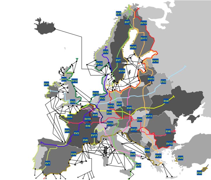 Kaart van de veerverbindingen op de EuroVelo routes