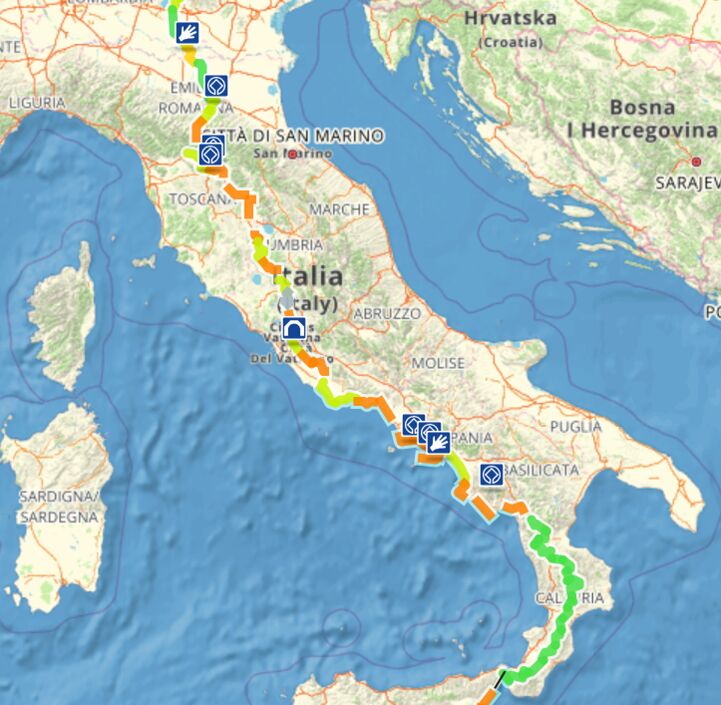 Example: a variety of route categories along EuroVelo 7 - Sun Route across Italy