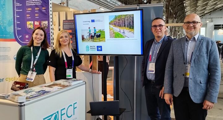 BBU project represented at Velo-city Ghent 2024
From left to right: Alexandra Fournier (EuroVelo and Projects Coordinator at ECF), Magda Leszczyna-Rzucidło and Łukasz Magrian (representing  Pomorska Regionalna Organizacja Turystyczna (PROT), the project lead partners) and Goran Lepen (Projects Director at ECF)