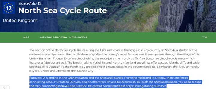 Information on ferries can be directly inserted in the description, like here on the page of EuroVelo 12 - North Sea Cycle Route in the United Kingdom