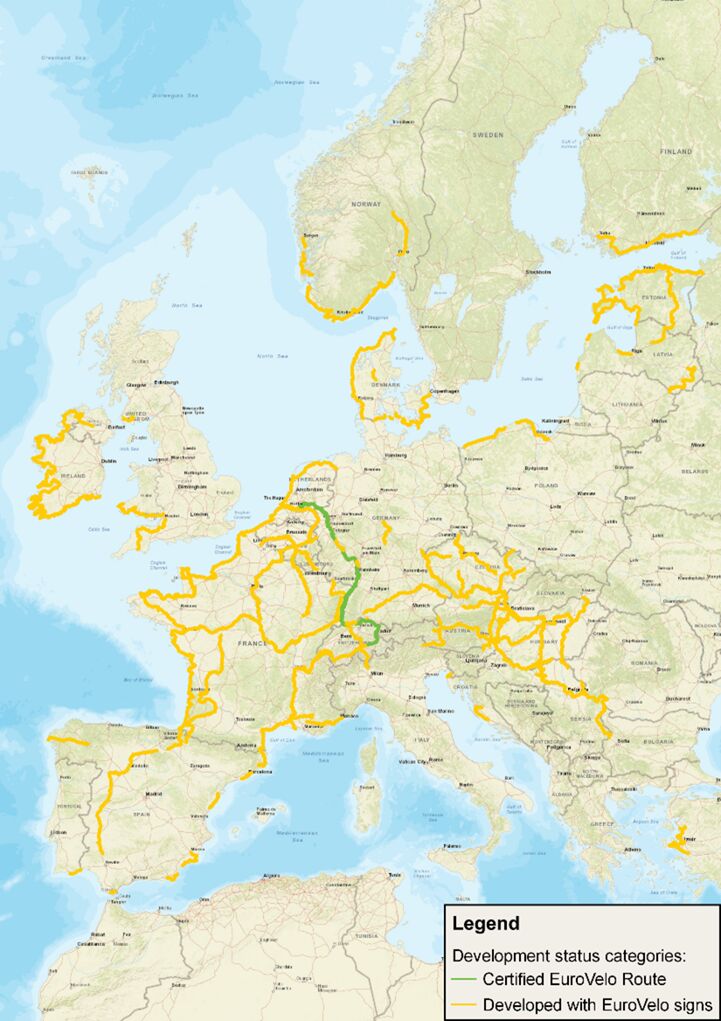 Sections of the EuroVelo network signed with EuroVelo signs in 2023.