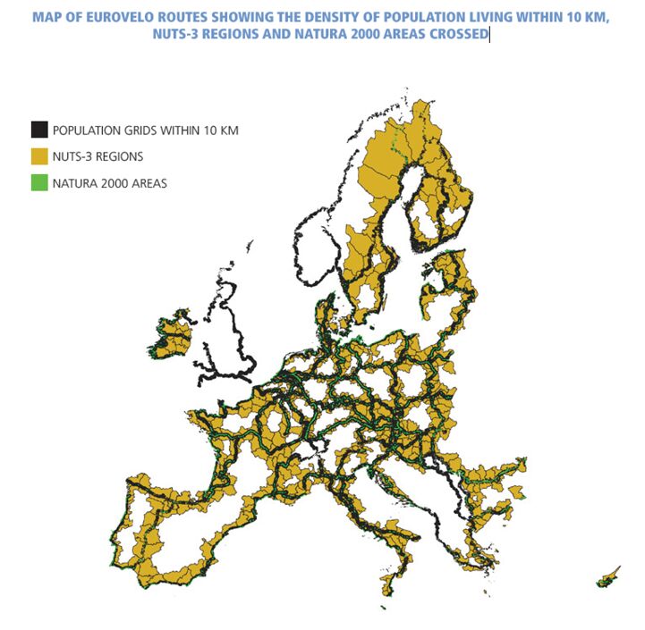 Map of EuroVelo routes showing the density of population living within 10 km of a route, NUTS-3 regions and Natura 2000 areas crossed