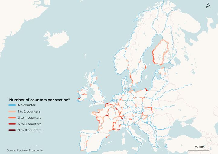 Heatmap of the sample of 540 counters installed on EuroVelo routes by local authorities used for the EuroVelo Usage Barometer analysis.