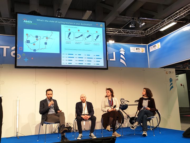 Miklós Berencsi, Michael Maier, Florence Grégoire and Agathe Daudibon on stage during the 'Cycling tourism ‒ How to benefit from the growing segment' session at ITB Berlin 2023.