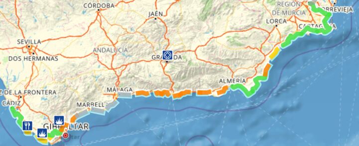 Example: partially developed and undeveloped/unknown sections at the start of EuroVelo 8 - Mediterranean Route along the Spanish Southern coastline