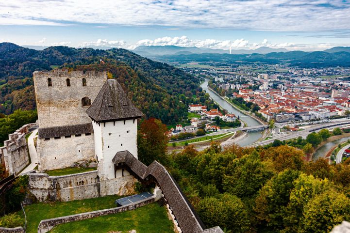View of the city of Celje, surrounded by its beautiful medieval castle