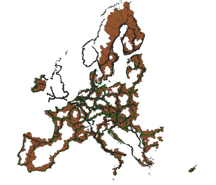 In green: EuroVelo routes crossing Natura 2000 areas