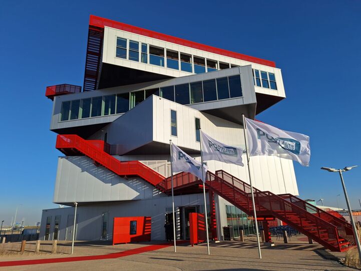 Portlantis building at the end of EuroVelo 19 in the port of Rotterdam.