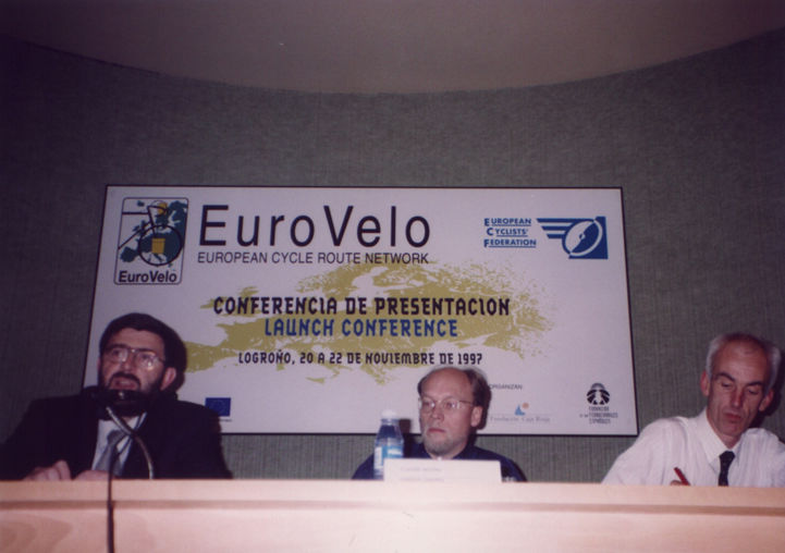 The EuroVelo launch conference of 21 November 1997. Joaquin Jimenez (left), Jens Erik Larsen,  and Phil Insall (right). Picture courtesy of Radu Mititean.