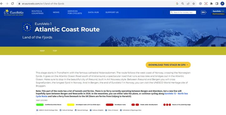 EuroVelo 1 stage page “Land of the Fjords” containing information on the forecasted new ferry line