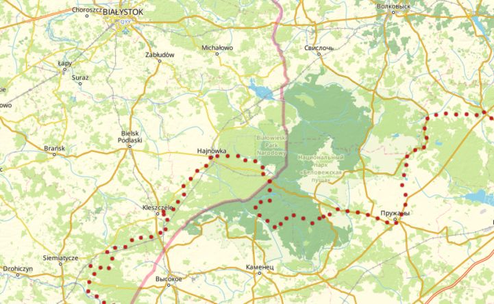 Kaart van de EuroVelo 2 door het Białowieża Woud