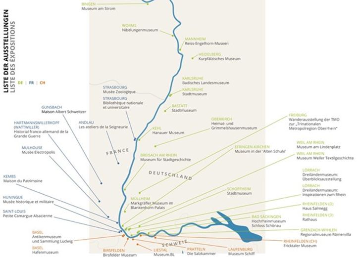 Map of the exhibitions in the frame of the INTERREG-funded “Der Rhein | Le Rhin” project of the “Netzwerk Museen” (Museum Network) © www.dreilaendermuseum.eu