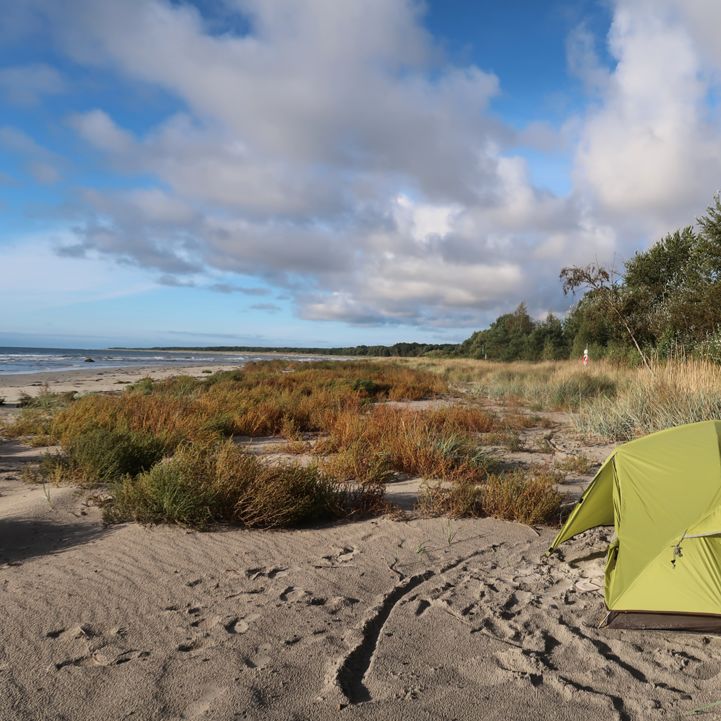 Birgit's wildcamping spot along the beach in Sweden - EuroVelo 10 - Baltic Sea Cycle Route