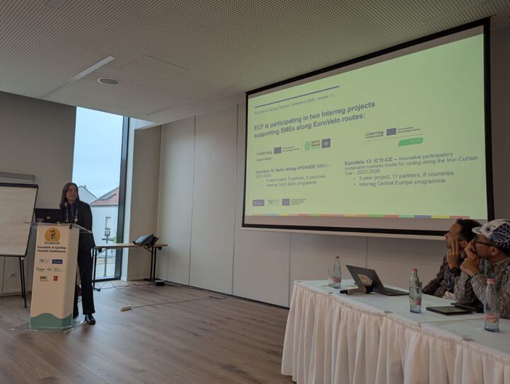 EuroVelo & Cycling Tourism Conference 2025 in Balatonfüred, Hungary, Alexandra Fournier presenting the BBU project main activities at the session 1.3 Getting locals, service providers and SMEs on board