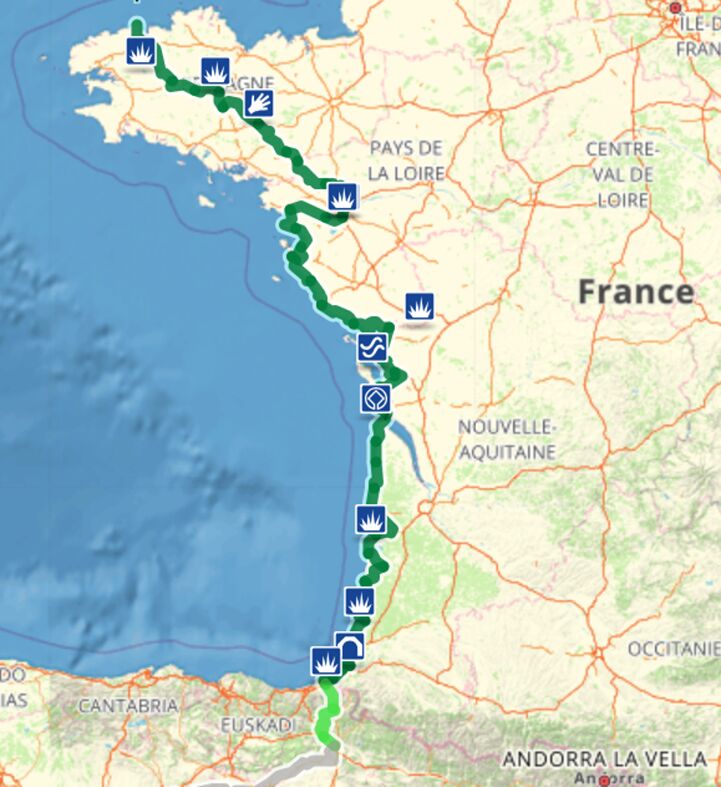Dark green now represents EuroVelo Certified routes (here EuroVelo 1 - Atlantic Coast Route in France)