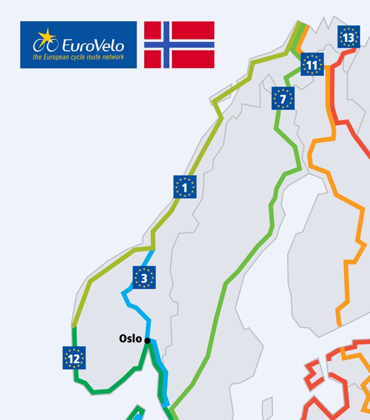 A schematic map of EuroVelo routes in Norway.