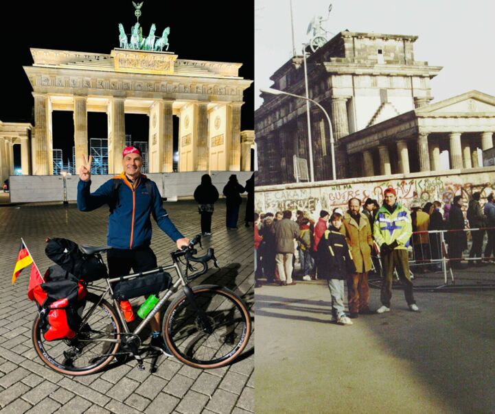 Adam returns to the Brandenburger Tor. To the right: Adam (right) with his father and brother in December 1989