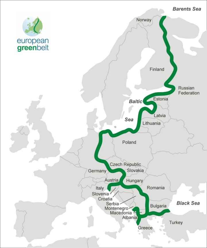 The course of the European Green Belt, mainly corresponding to EuroVelo 13