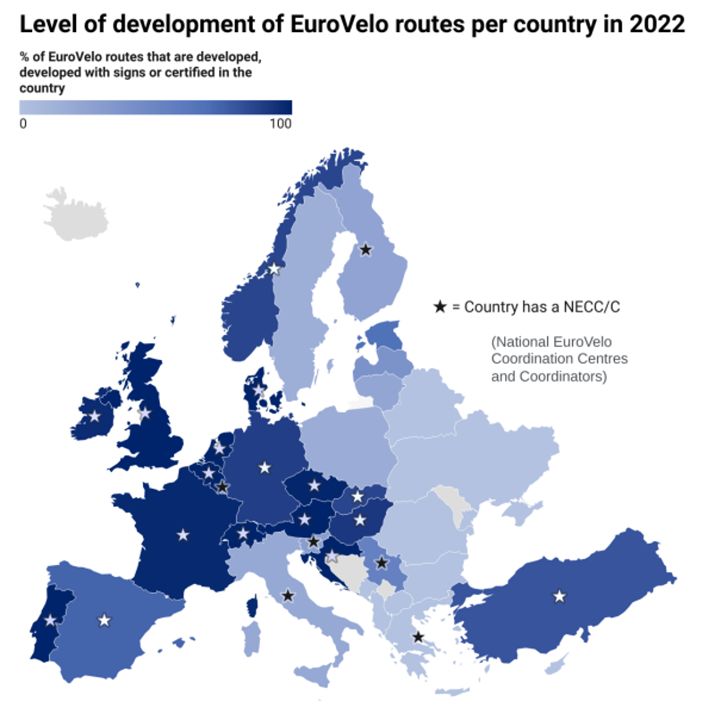 EuroVelo routes Status report - Map with level of development of EuroVelo routes per country in 2022 and NECC