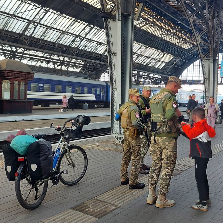 As I waited for the train back to Poland at the Lviv station, soldiers walked into frame. A fitting farewell photo.