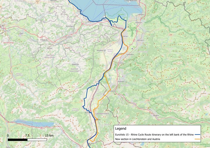 Karte der EuroVelo 15-Verlängerung nach Österreich und Liechtenstein